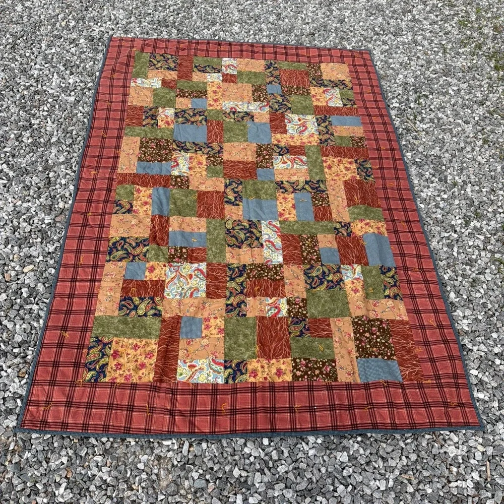 Vintage Handmade Patchwork Quilt Earth Tones Country Cottagecore Cozy 56 x 80